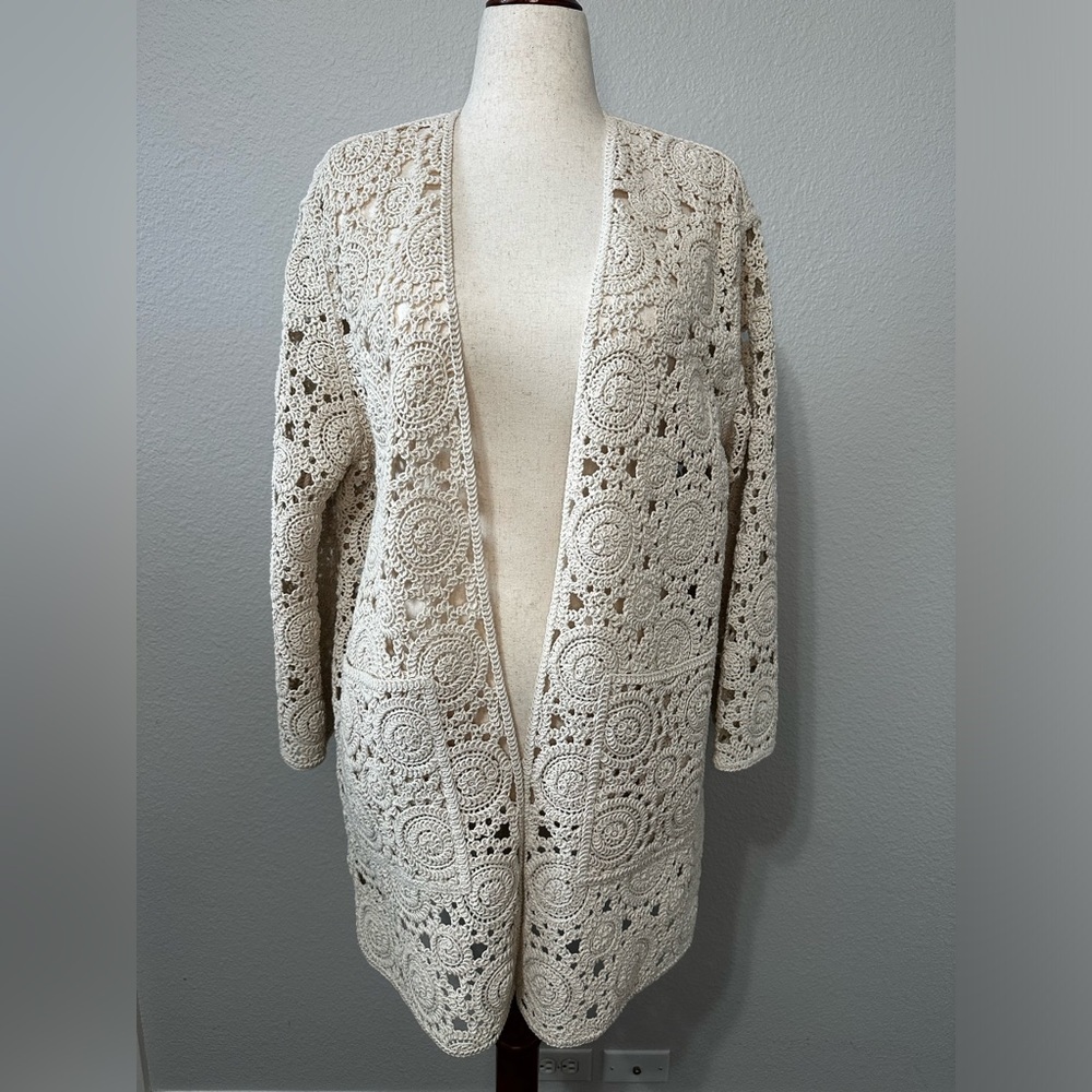 Zara Crochet Open-Front Cardigan Sweater Cream Natural